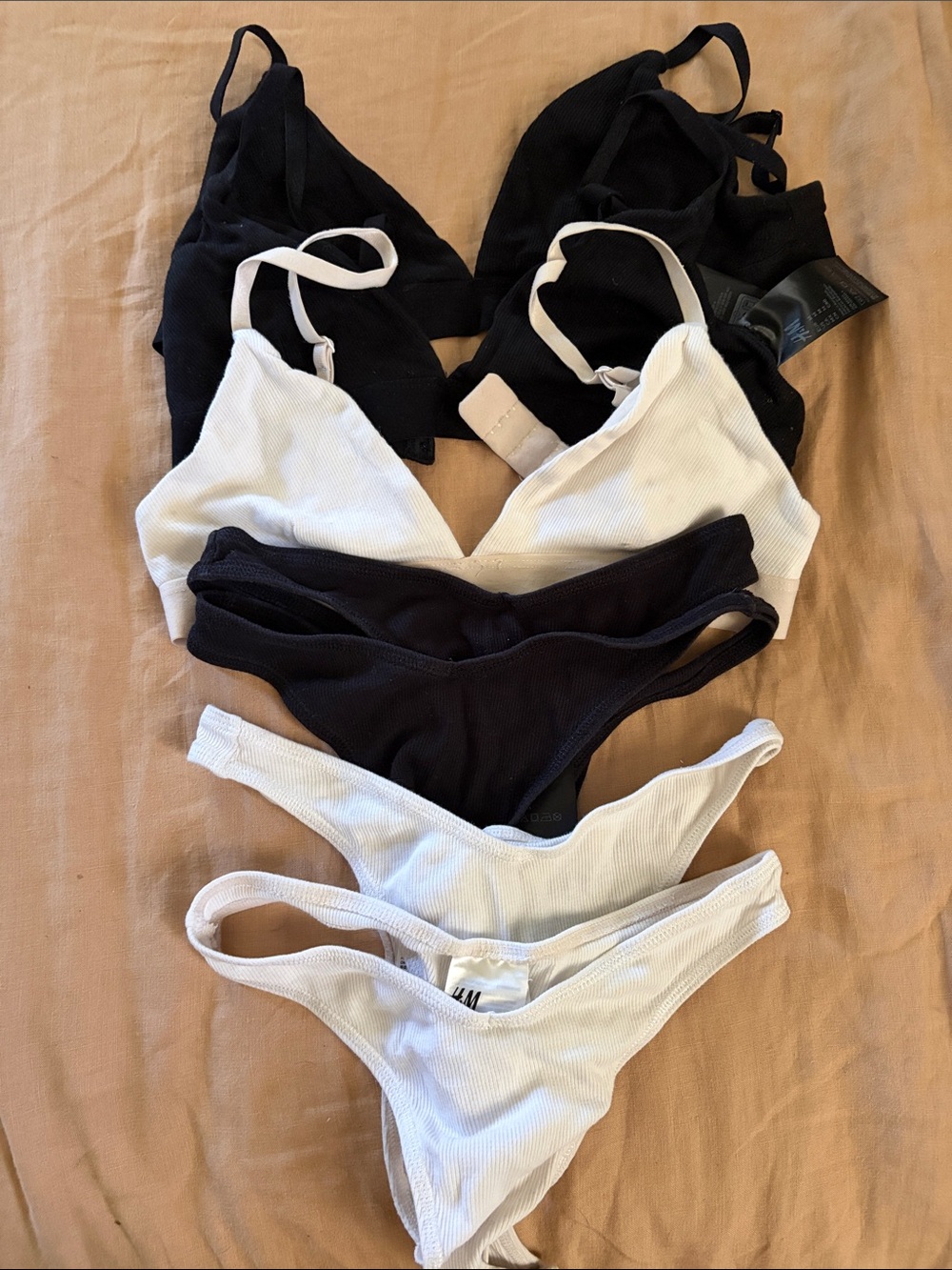 H & M Black & White Ribbed Bralette and Thong Set - Medium